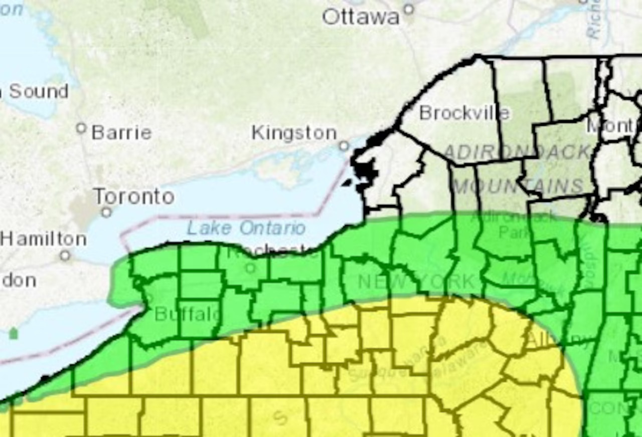 Strong thunderstorms today could bring rain heavy enough to cause flash flooding. The area shaded in green has a 5% to 14% chance of flash flooding. Yellow indicates a 15% to 30% chance.